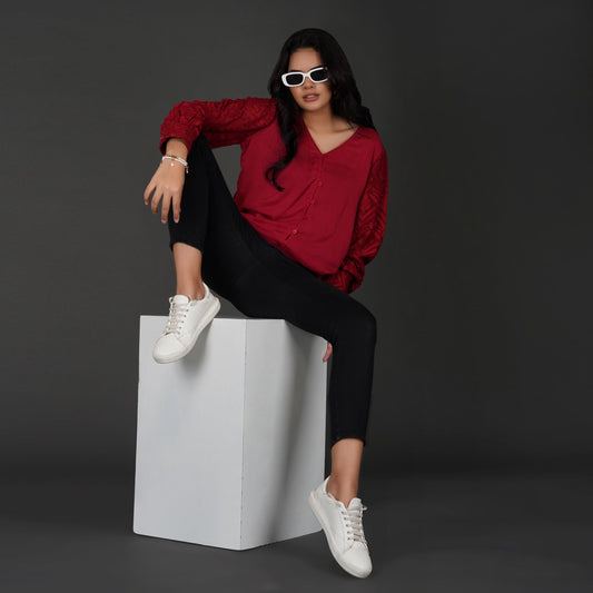 Embroidered Sleeves With Button-Down Viscose Georgette Top