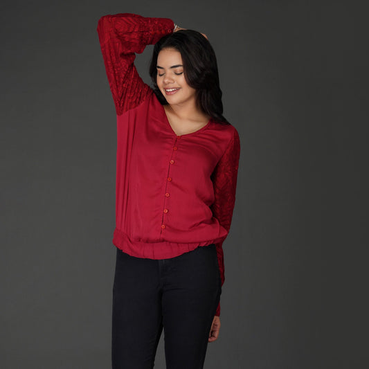 Embroidered Sleeves With Button-Down Viscose Georgette Top