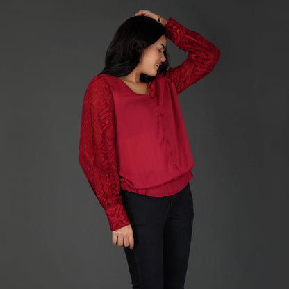 Embroidered Sleeves With Button-Down Viscose Georgette Top