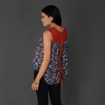 Floral Crochet Lace-Up Boho Top