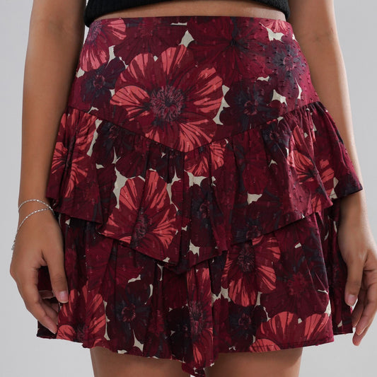 Floral Ruffle-Tiered Cotton Swiss Dot Skirt
