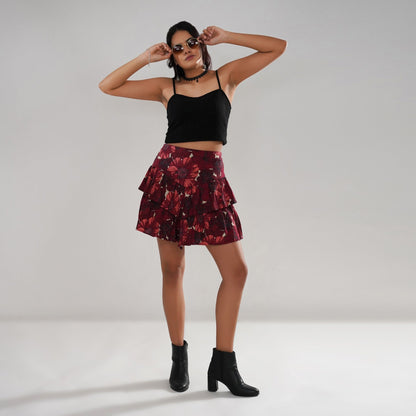 Floral Ruffle-Tiered Cotton Swiss Dot Skirt