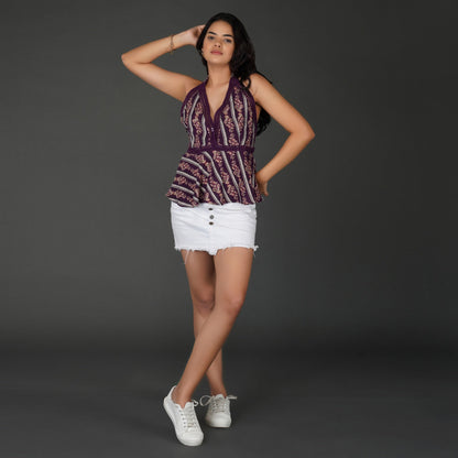 Halter-Neck Boho Peplum Top with Crochet Details