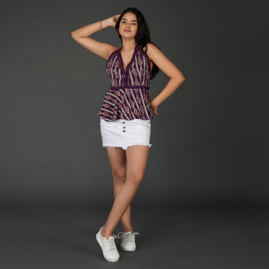 Halter-Neck Boho Peplum Top with Crochet Details