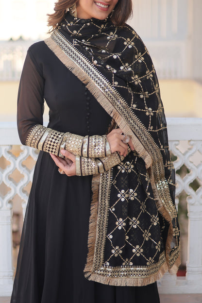 Faux Blooming Gown with Dupatta With Attractive Embroidered Sequins work with Lace Border.