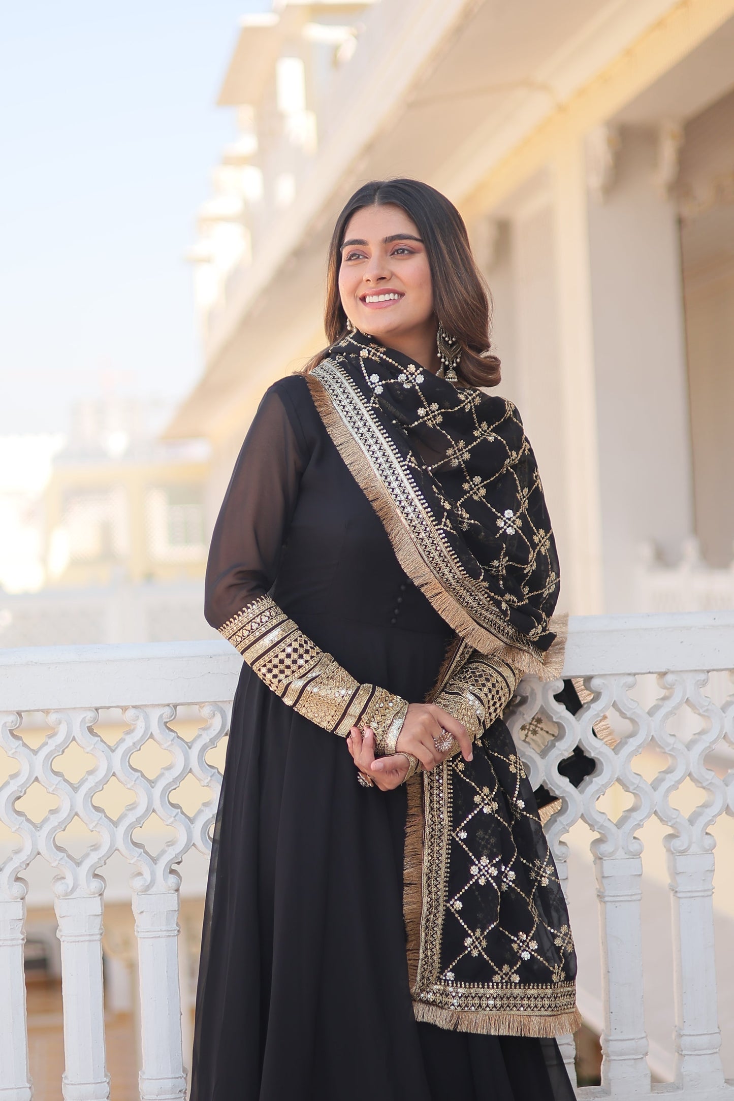 Faux Blooming Gown with Dupatta With Attractive Embroidered Sequins work with Lace Border.
