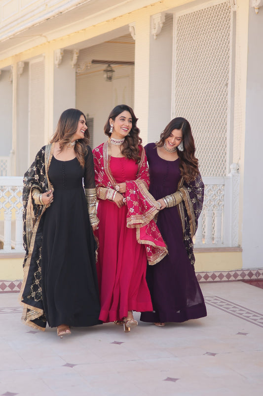Faux Blooming Gown with Dupatta With Attractive Embroidered Sequins work with Lace Border.