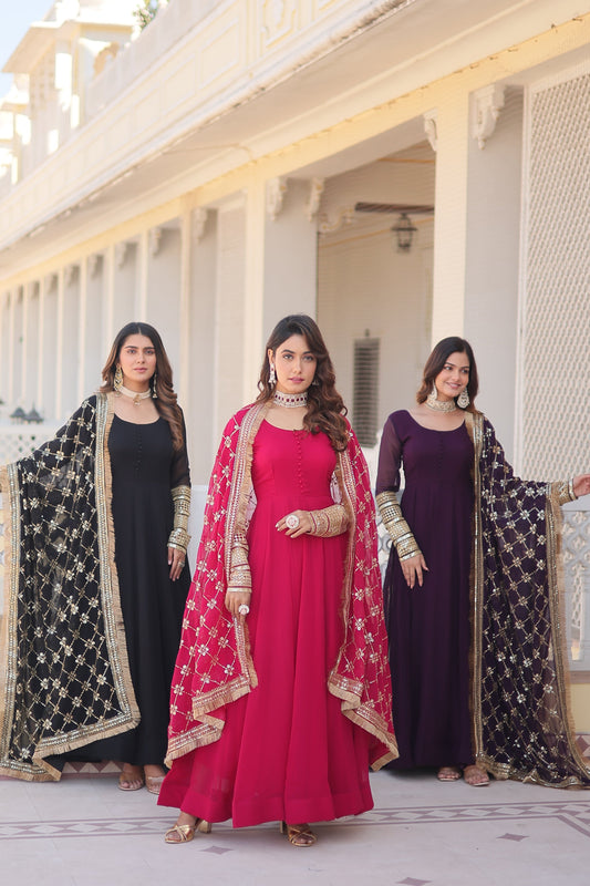 Faux Blooming Gown with Dupatta With Attractive Embroidered Sequins work with Lace Border.