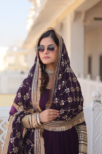 Faux Blooming Gown with Dupatta With Attractive Embroidered Sequins work with Lace Border.