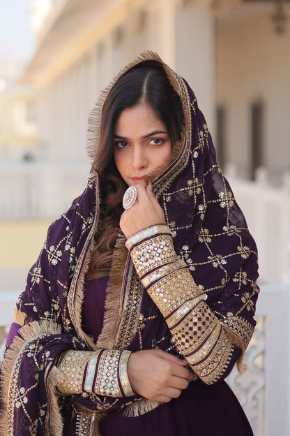 Faux Blooming Gown with Dupatta With Attractive Embroidered Sequins work with Lace Border.