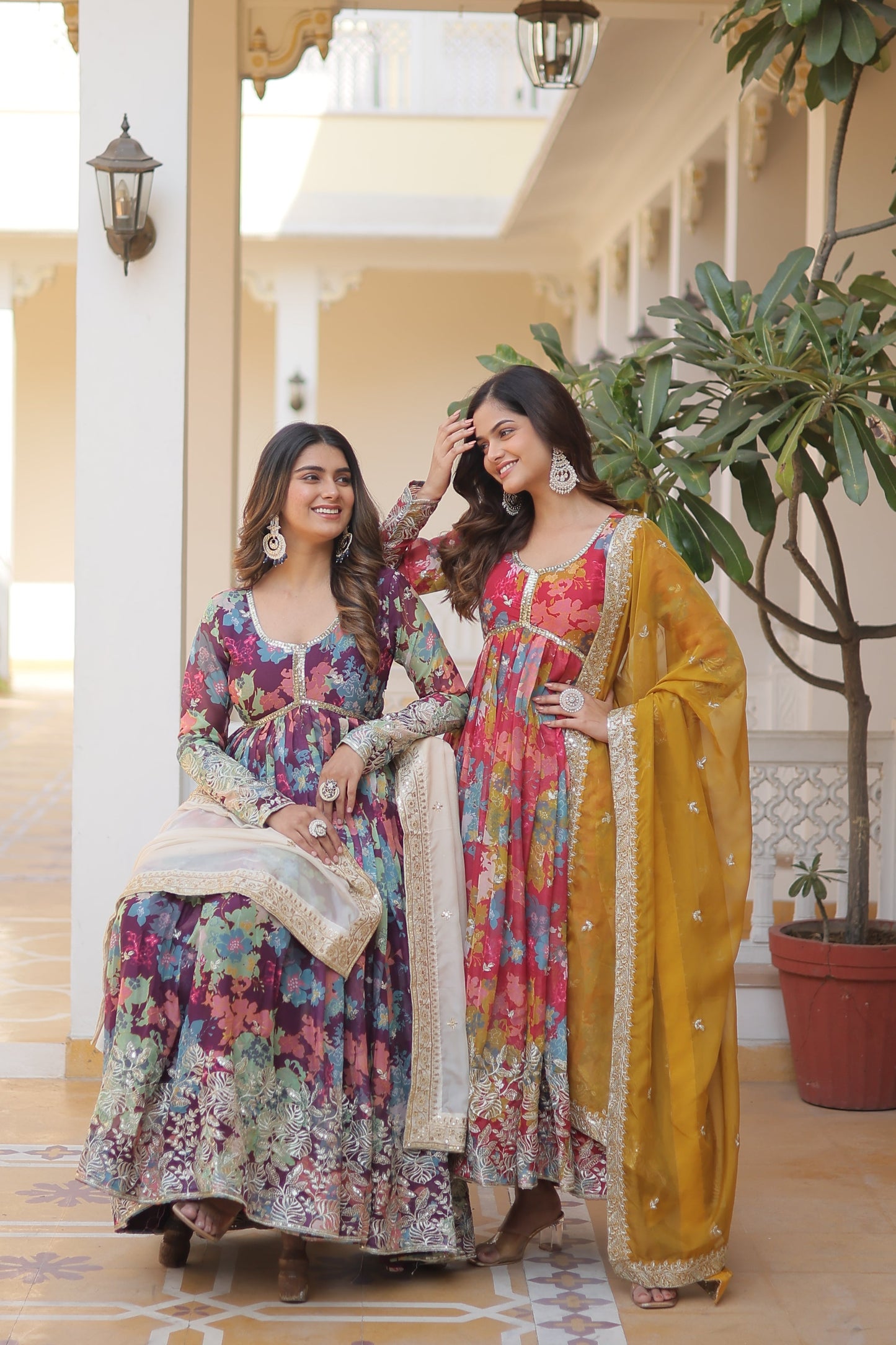 Elegant Digital Printed Russian Silk Suit with Zari Sequins Embroidery & Cut-Work Dupatta – Stitched, Full Sleeves, Fancy V Neck