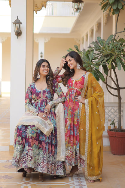 Elegant Digital Printed Russian Silk Suit with Zari Sequins Embroidery & Cut-Work Dupatta – Stitched, Full Sleeves, Fancy V Neck