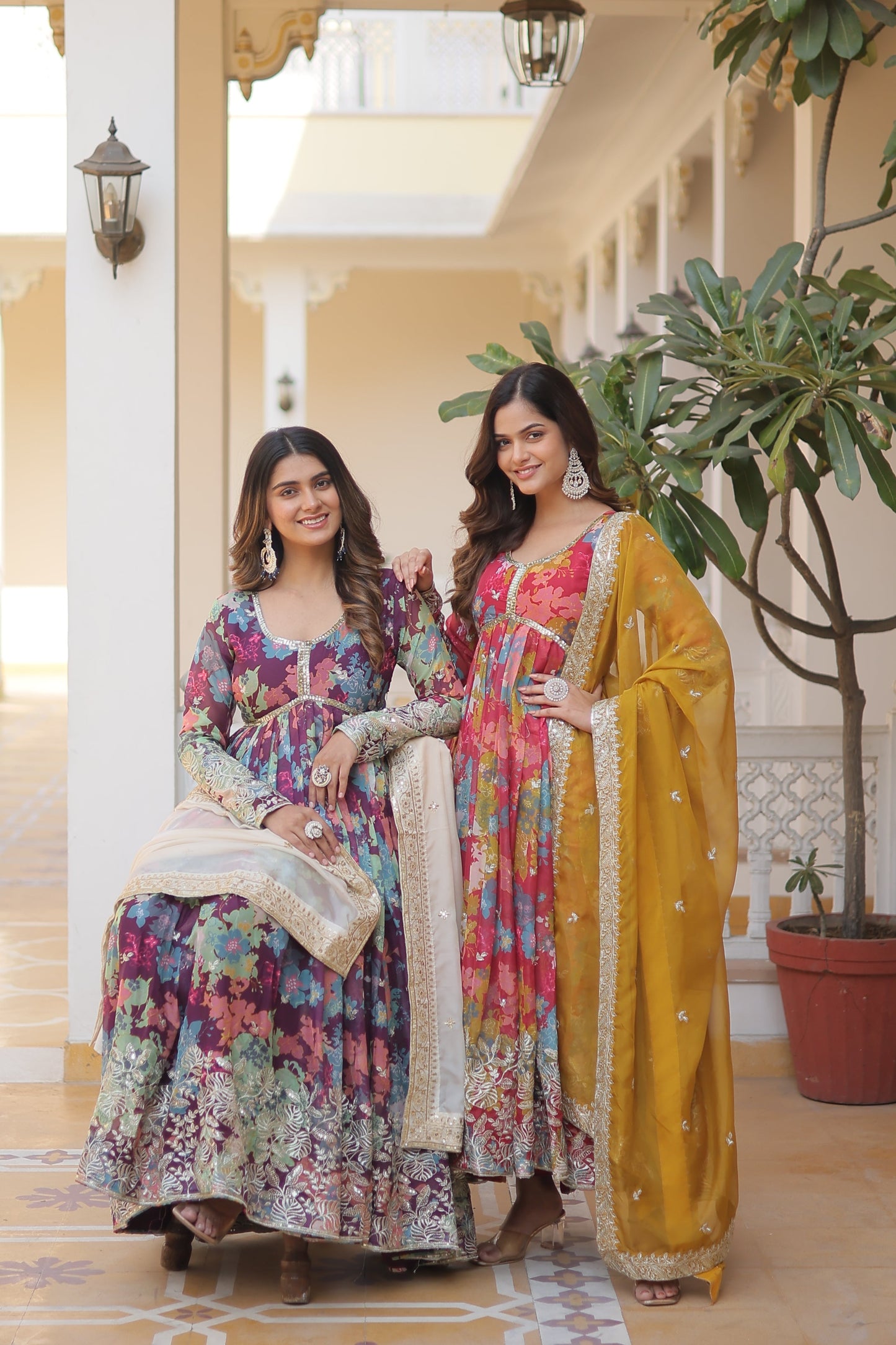 Elegant Digital Printed Russian Silk Suit with Zari Sequins Embroidery & Cut-Work Dupatta – Stitched, Full Sleeves, Fancy V Neck
