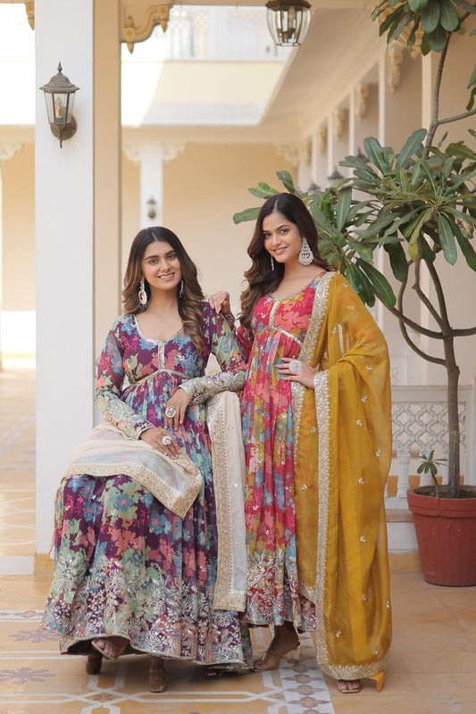 Elegant Digital Printed Russian Silk Suit with Zari Sequins Embroidery & Cut-Work Dupatta – Stitched, Full Sleeves, Fancy V Neck