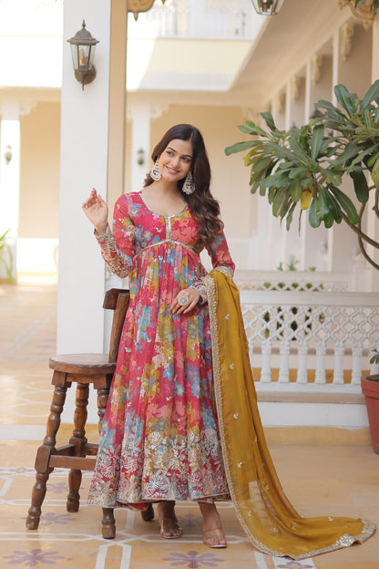 Elegant Digital Printed Russian Silk Suit with Zari Sequins Embroidery & Cut-Work Dupatta – Stitched, Full Sleeves, Fancy V Neck