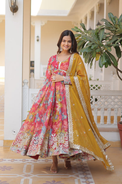 Elegant Digital Printed Russian Silk Suit with Zari Sequins Embroidery & Cut-Work Dupatta – Stitched, Full Sleeves, Fancy V Neck