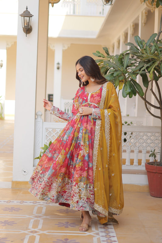 Elegant Digital Printed Russian Silk Suit with Zari Sequins Embroidery & Cut-Work Dupatta – Stitched, Full Sleeves, Fancy V Neck