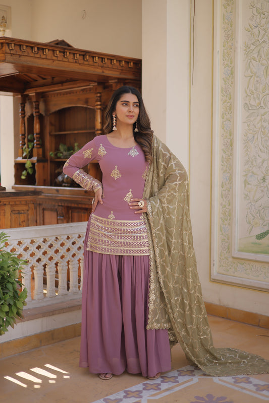 Faux Georgette Embroidered Kurti Set with Plazzo & Sequins Cut-Work Dupatta – Designer 3-Piece Ethnic Outfit