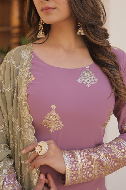 Faux Georgette Embroidered Kurti Set with Plazzo & Sequins Cut-Work Dupatta – Designer 3-Piece Ethnic Outfit