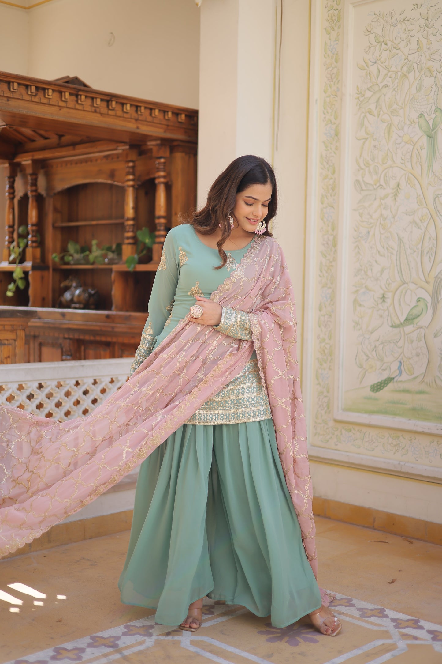 Faux Georgette Embroidered Kurti Set with Plazzo & Sequins Cut-Work Dupatta – Designer 3-Piece Ethnic Outfit