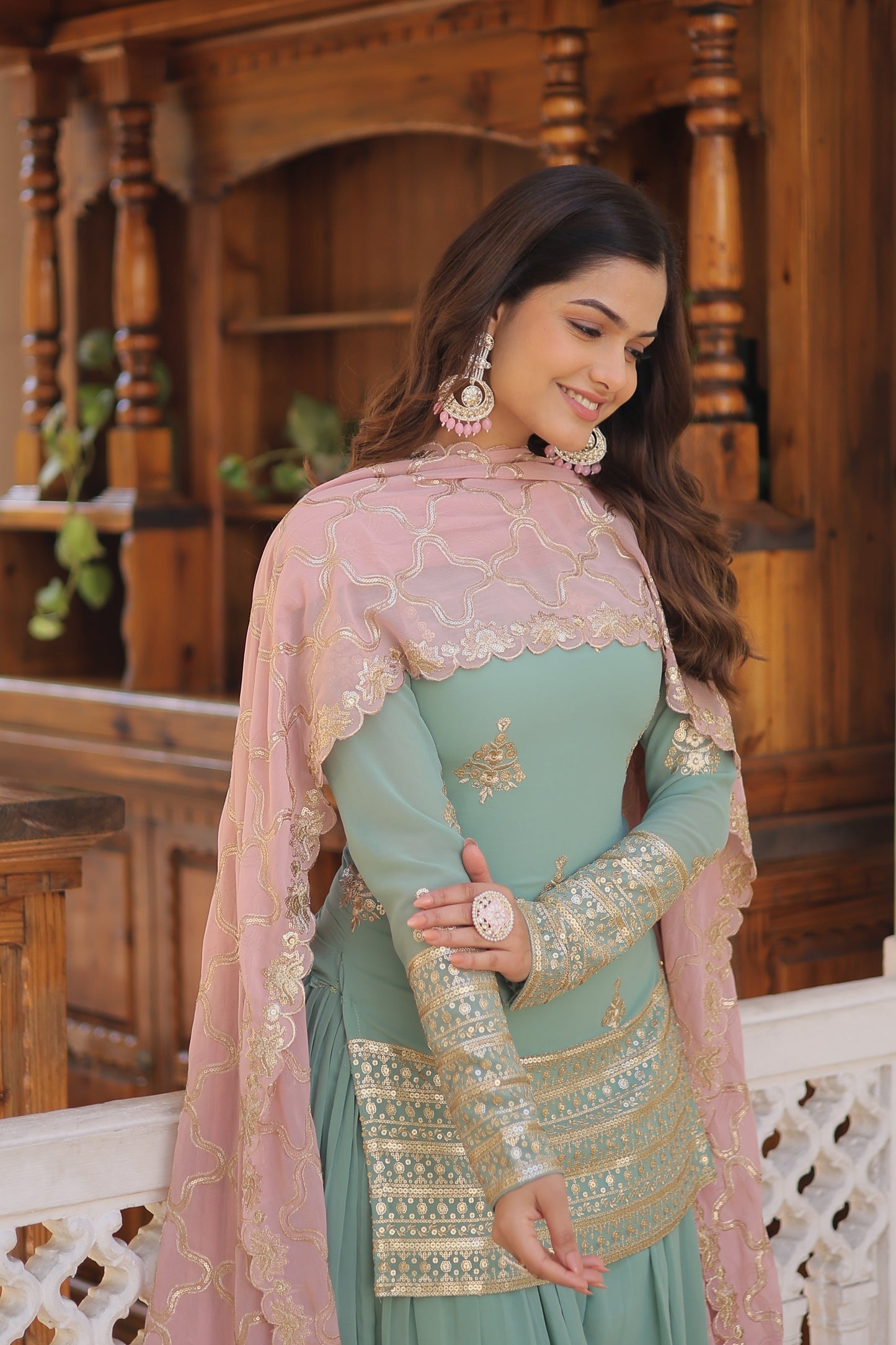 Faux Georgette Embroidered Kurti Set with Plazzo & Sequins Cut-Work Dupatta – Designer 3-Piece Ethnic Outfit