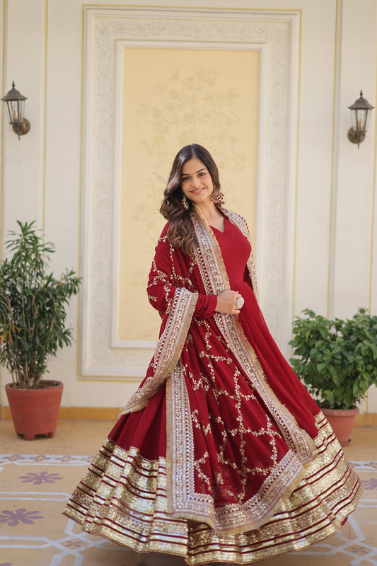 Faux Blooming Fabric Dress with Zari & Sequins Embroidery – Elegant Ethnic Wear for Festive Occasions