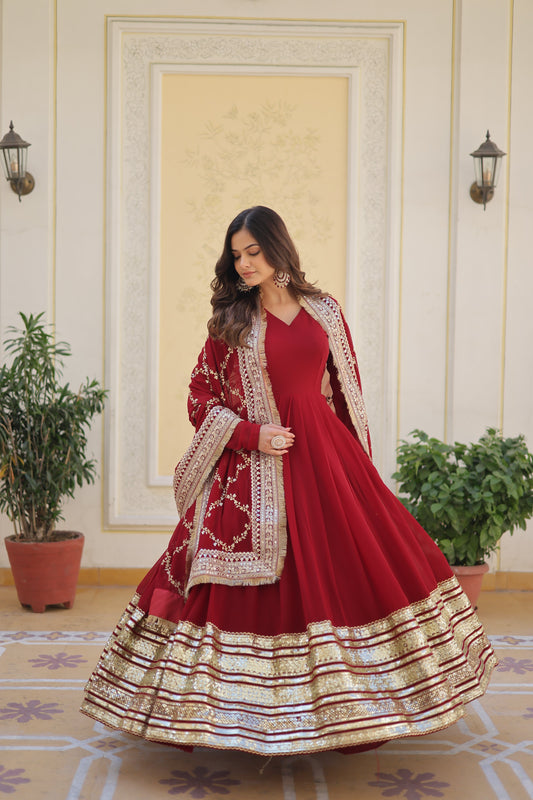 Faux Blooming Fabric Dress with Zari & Sequins Embroidery – Elegant Ethnic Wear for Festive Occasions