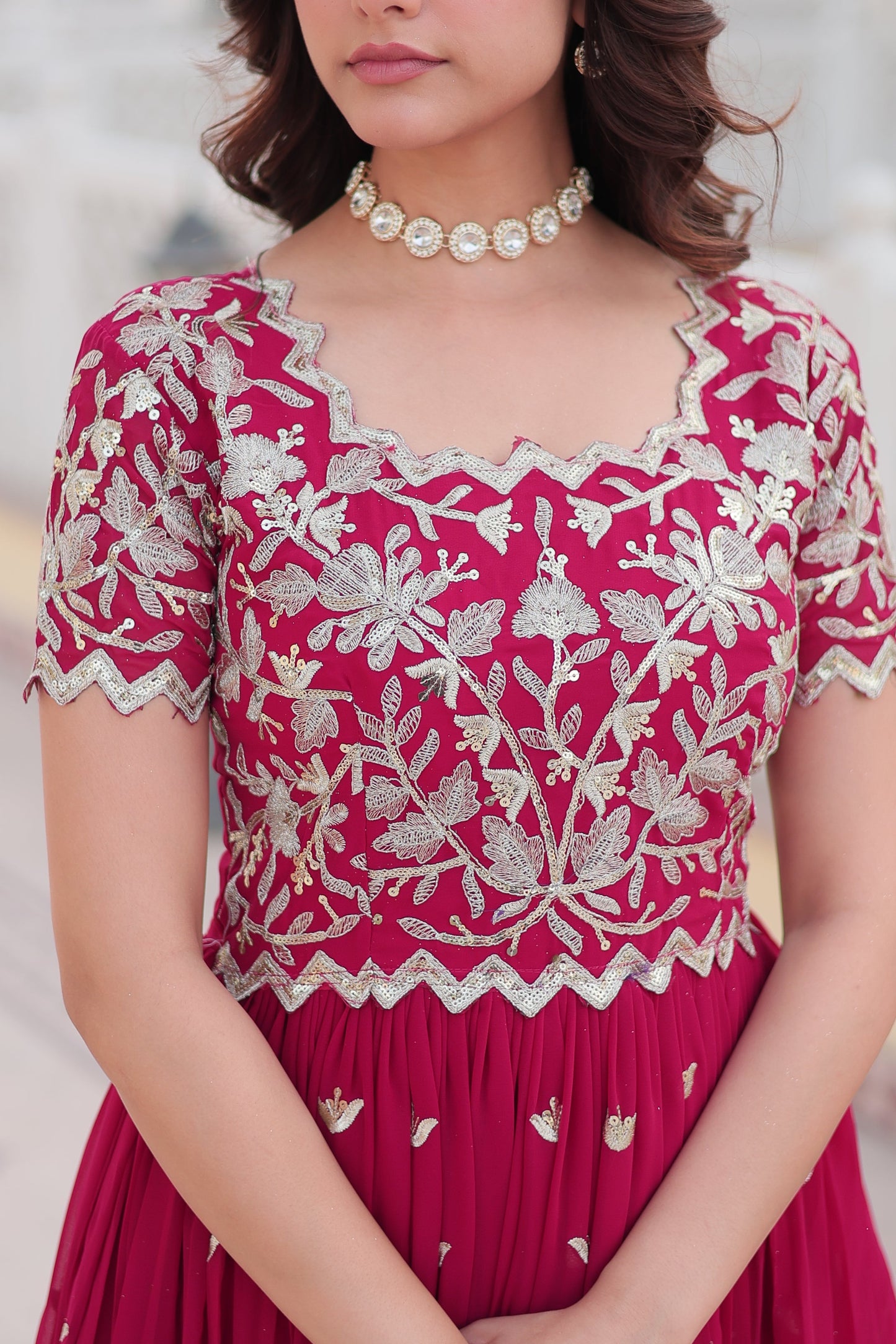 Stylish Faux Blooming Fabric Ensemble with Intricate Zari & Sequins Embroidery – Ready-to-Wear Ethnic Set