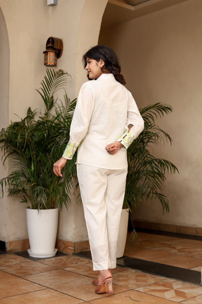Hand-Embroidered White Cotton Co-ord Set – Luxe Comfort with Artisanal Detailing