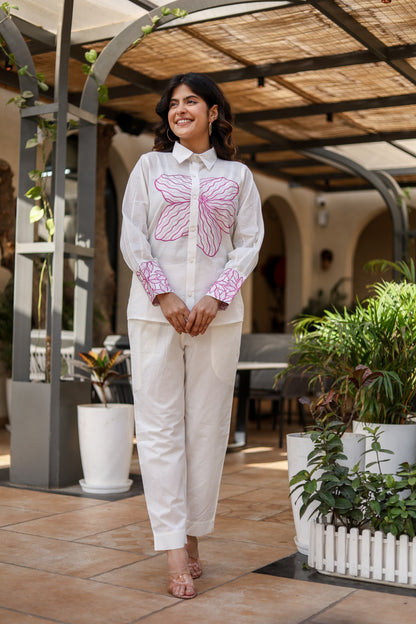 Hand-Embroidered White Cotton Co-ord Set – Luxe Comfort with Artisanal Detailing
