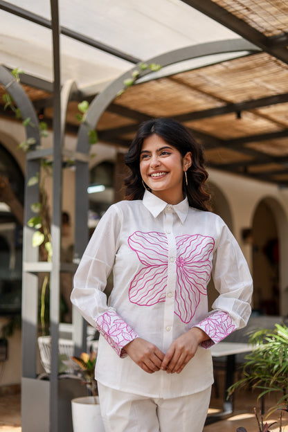 Hand-Embroidered White Cotton Co-ord Set – Luxe Comfort with Artisanal Detailing