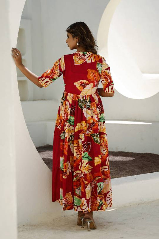 Vibrant Red Floral Maxi Dress with Tropical Patterns