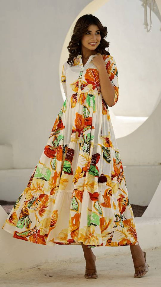Cream Floral Maxi Dress with Tropical Leaf Patterns