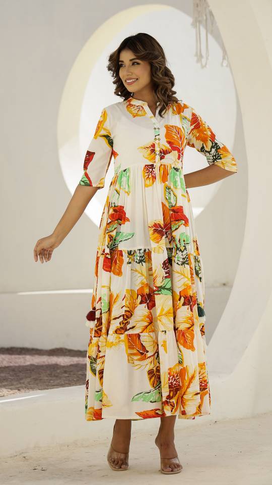 Cream Floral Maxi Dress with Tropical Leaf Patterns