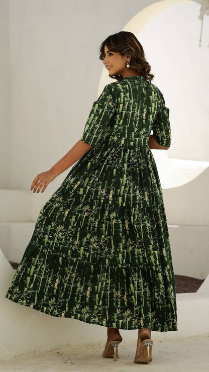 Green Bamboo Print Maxi Dress with Button Detail