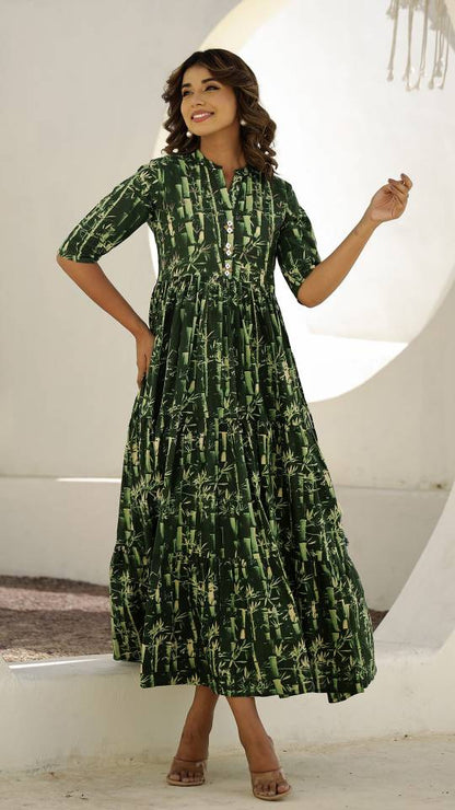 Green Bamboo Print Maxi Dress with Button Detail