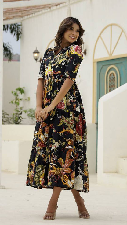 Black Botanical Floral Maxi Dress with Vintage Charm