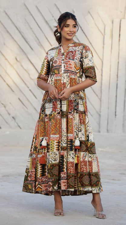 Bohemian Patchwork Maxi Dress with Earthy Tones