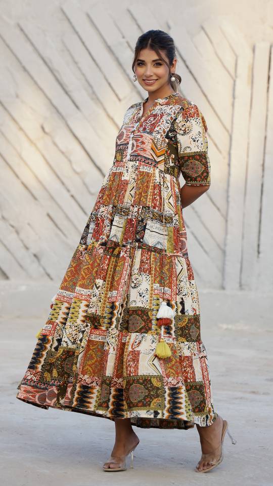 Bohemian Patchwork Maxi Dress with Earthy Tones
