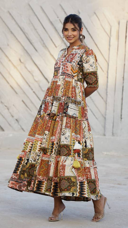 Bohemian Patchwork Maxi Dress with Earthy Tones
