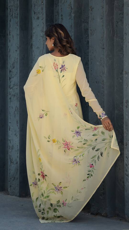 Georgette Anarkali Kurta & Dupatta Set with Hand-Painted Brush Work – Elegant Festive Wear