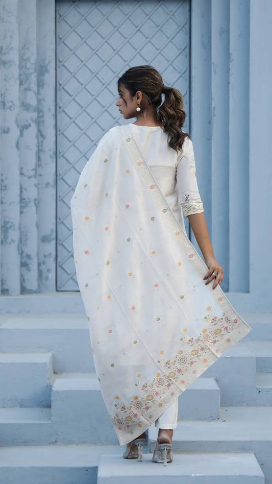 Cotton Jacquard Kurta Pant Dupatta Set for Women – Intricate Ada Work