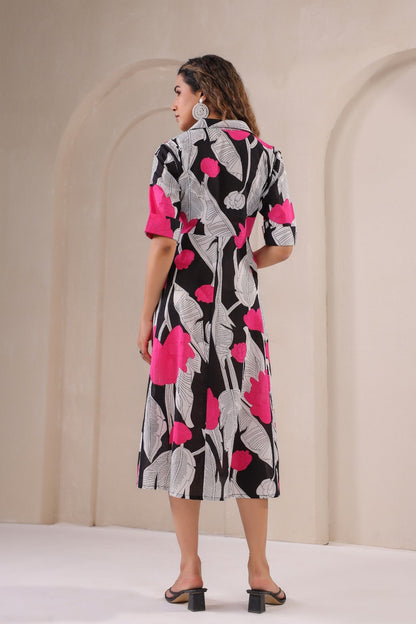 Midnight Bloom – Chic Floral Print Button-Down Midi Dress