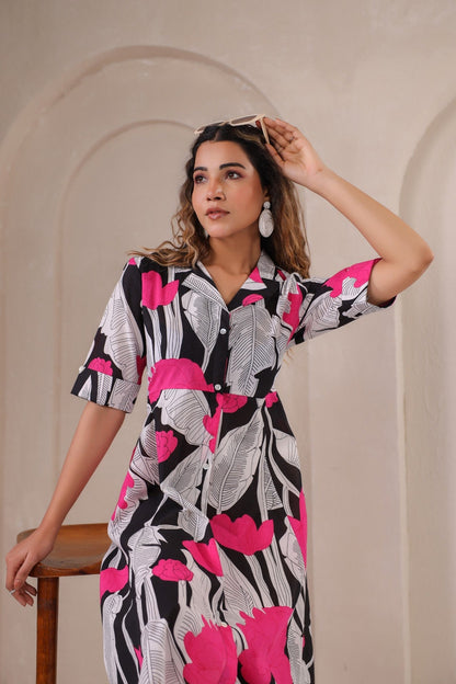 Midnight Bloom – Chic Floral Print Button-Down Midi Dress