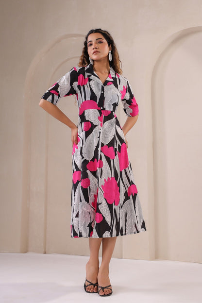 Midnight Bloom – Chic Floral Print Button-Down Midi Dress