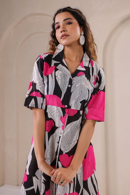 Midnight Bloom – Chic Floral Print Button-Down Midi Dress