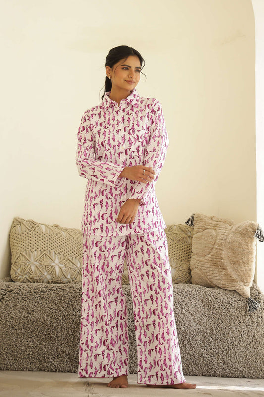 Blush Flamingo Print Cotton Night Suit