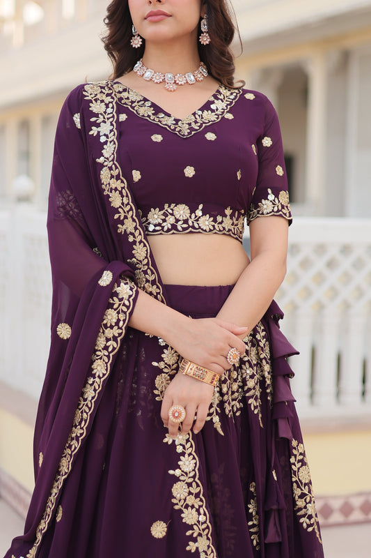 Trending Wine Embroidered Fully Flaired Georgette Lehenga Made with Rich Sequins And Thread Embroidered Work  With Stunning Blouse And Dupatta.