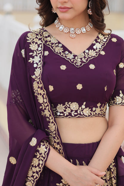 Trending Wine Embroidered Fully Flaired Georgette Lehenga Made with Rich Sequins And Thread Embroidered Work  With Stunning Blouse And Dupatta.