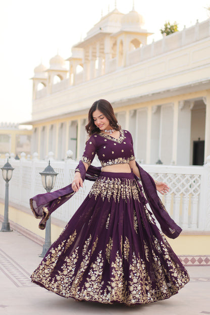 Trending Wine Embroidered Fully Flaired Georgette Lehenga Made with Rich Sequins And Thread Embroidered Work  With Stunning Blouse And Dupatta.